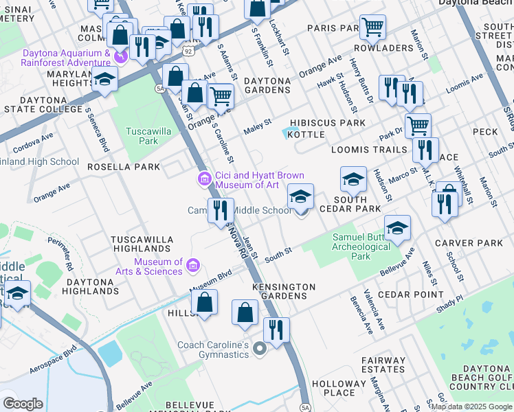 map of restaurants, bars, coffee shops, grocery stores, and more near 529 South Caroline Street in Daytona Beach