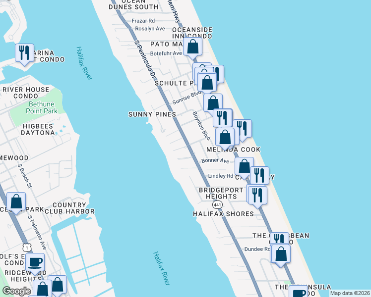 map of restaurants, bars, coffee shops, grocery stores, and more near 2200 Florida 441 in Daytona Beach