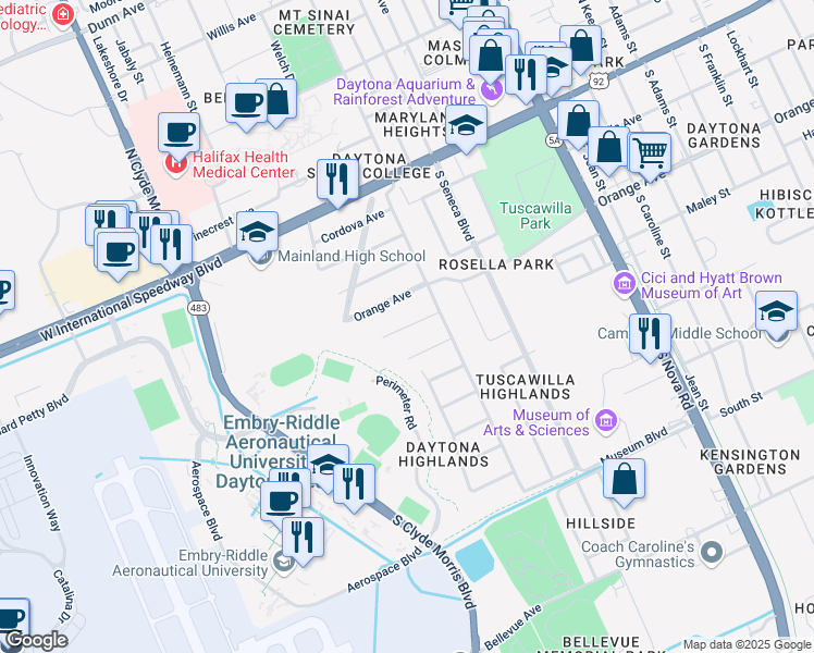 map of restaurants, bars, coffee shops, grocery stores, and more near 1124 Florida Avenue in Daytona Beach