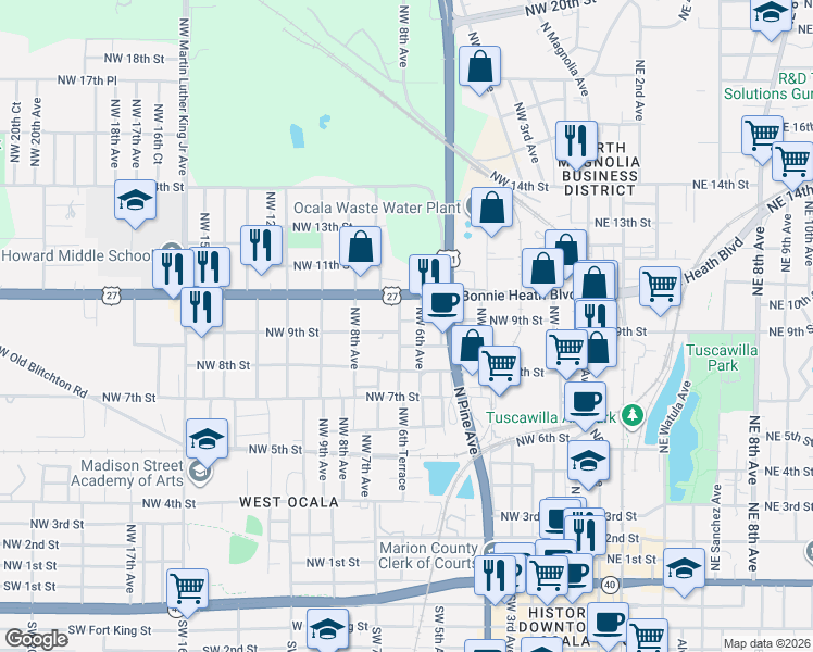 map of restaurants, bars, coffee shops, grocery stores, and more near 854 Northwest 6th Avenue in Ocala