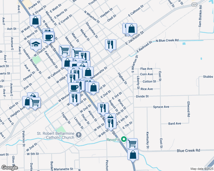 map of restaurants, bars, coffee shops, grocery stores, and more near 202 Bruns Street in El Campo