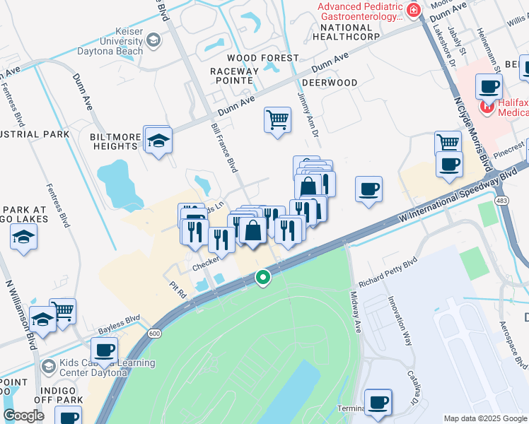 map of restaurants, bars, coffee shops, grocery stores, and more near 201 Bill France Boulevard in Daytona Beach