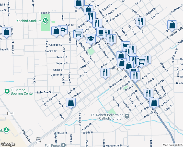 map of restaurants, bars, coffee shops, grocery stores, and more near 405 Avenue A in El Campo