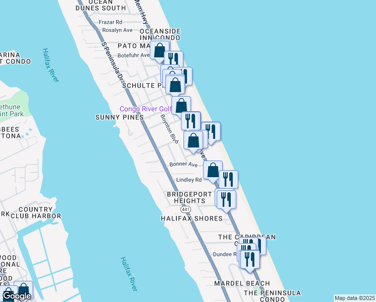map of restaurants, bars, coffee shops, grocery stores, and more near 2200 South Atlantic Avenue in Daytona Beach