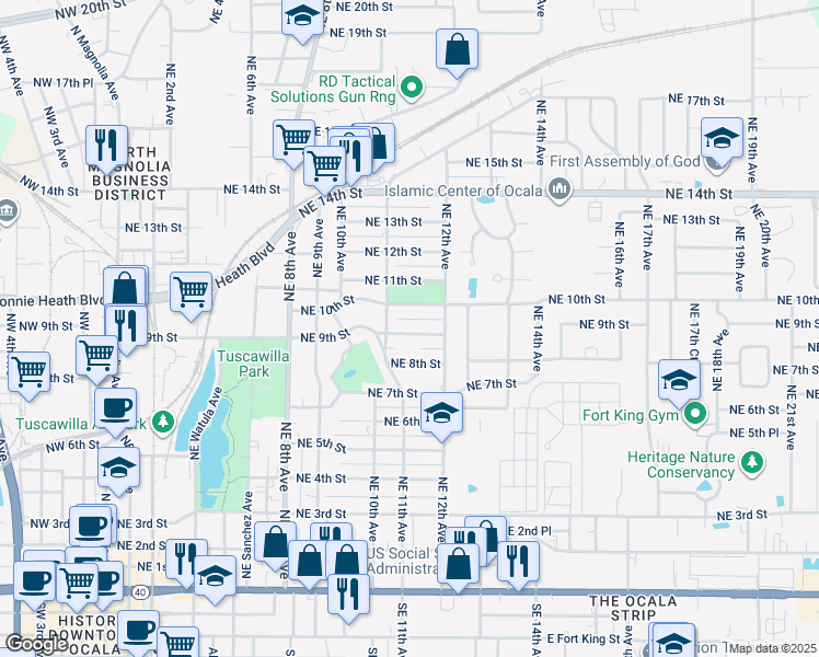 map of restaurants, bars, coffee shops, grocery stores, and more near 1129 Northeast 9th Street in Ocala