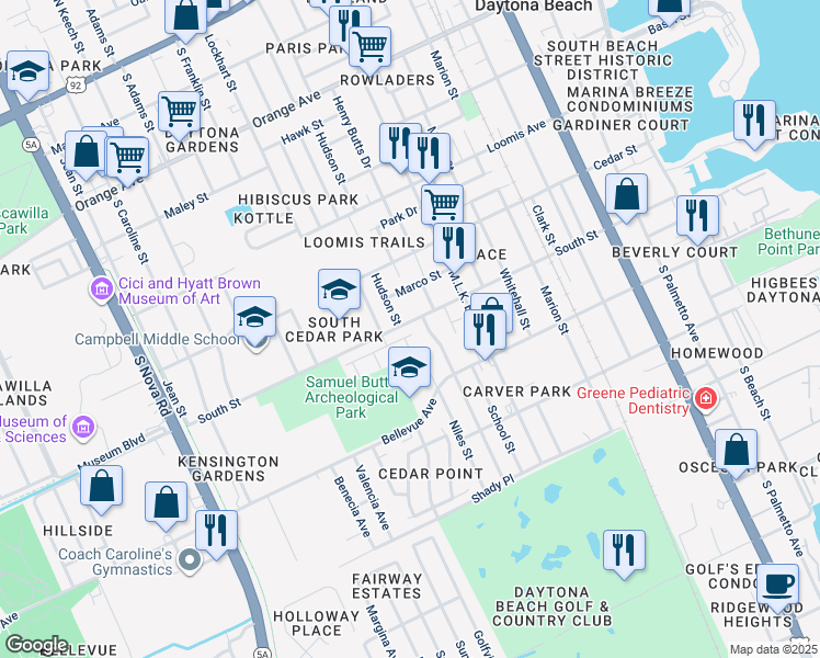 map of restaurants, bars, coffee shops, grocery stores, and more near 708 Vernon Street in Daytona Beach