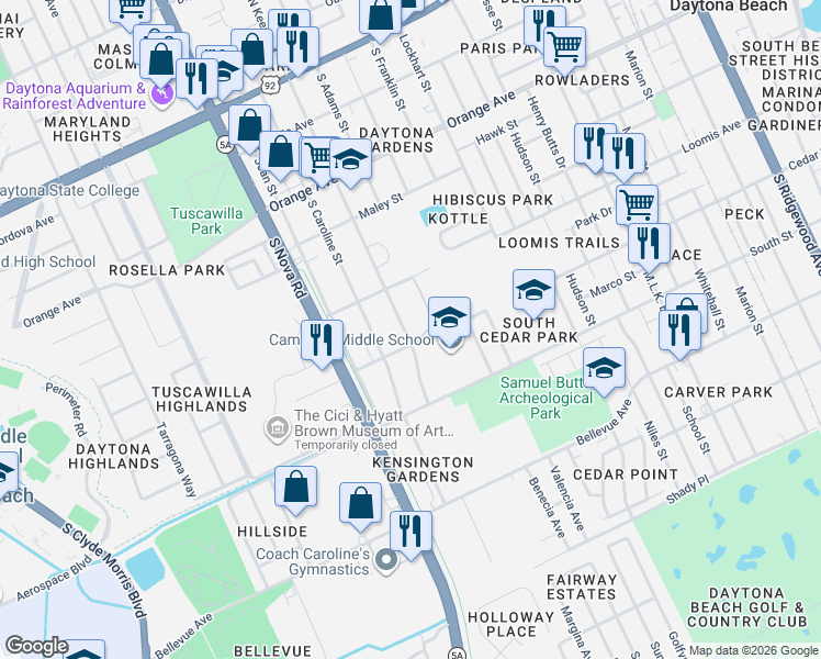 map of restaurants, bars, coffee shops, grocery stores, and more near 549 South Keech Street in Daytona Beach