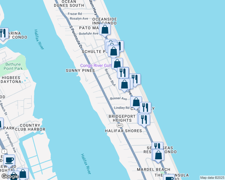 map of restaurants, bars, coffee shops, grocery stores, and more near 105 Claire Terrace in Daytona Beach