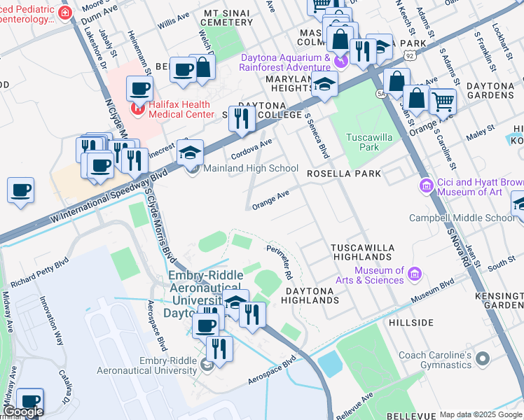 map of restaurants, bars, coffee shops, grocery stores, and more near 1153 Orange Avenue in Daytona Beach