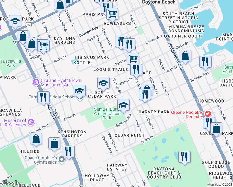 map of restaurants, bars, coffee shops, grocery stores, and more near 641 Cedar Park Drive in Daytona Beach