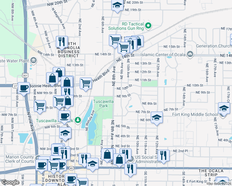 map of restaurants, bars, coffee shops, grocery stores, and more near 911 NE 8th Ave in Ocala