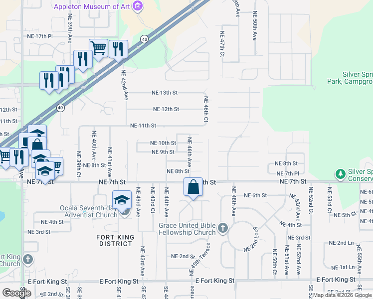 map of restaurants, bars, coffee shops, grocery stores, and more near 4525 Northeast 9th Street in Ocala