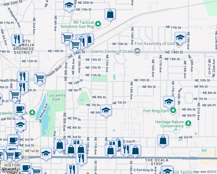 map of restaurants, bars, coffee shops, grocery stores, and more near 911 Northeast 12th Avenue in Ocala