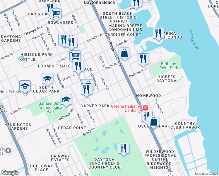 map of restaurants, bars, coffee shops, grocery stores, and more near 505 Bellevue Avenue in Daytona Beach