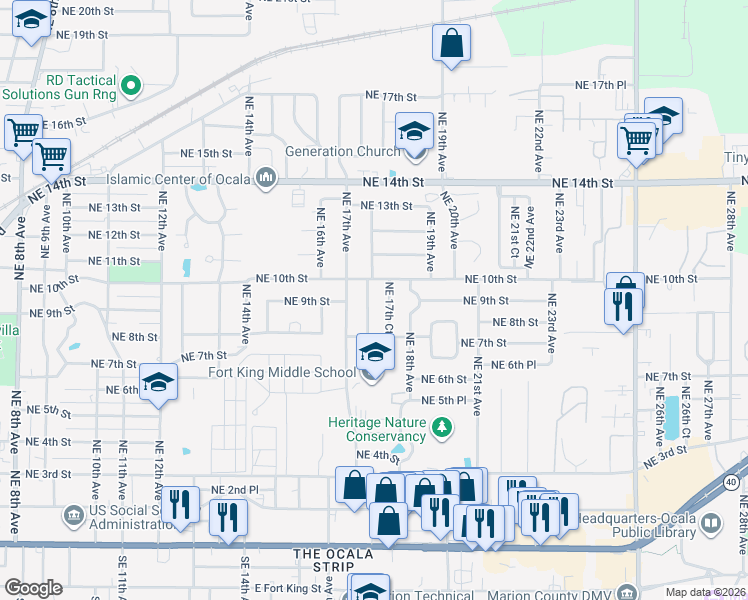 map of restaurants, bars, coffee shops, grocery stores, and more near 901 Northeast 17th Terrace in Ocala