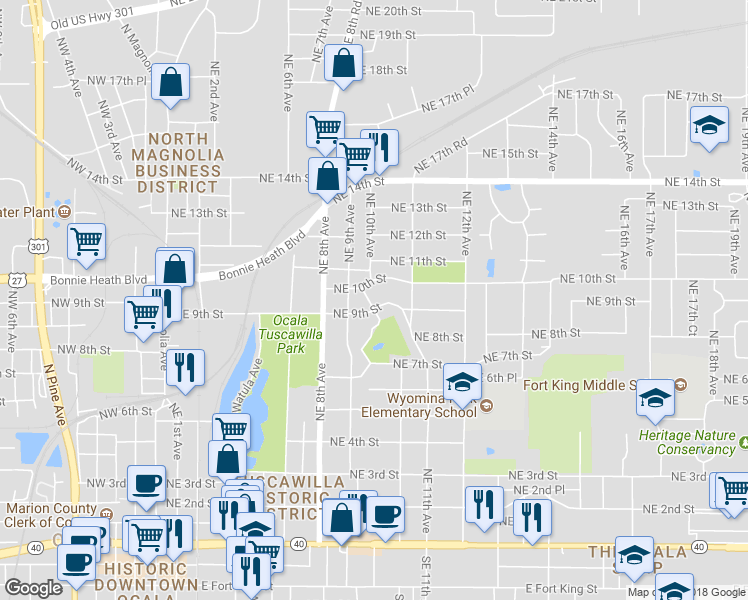 map of restaurants, bars, coffee shops, grocery stores, and more near 909 Northeast 10th Avenue in Ocala