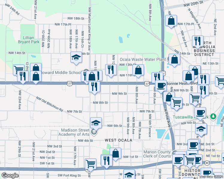 map of restaurants, bars, coffee shops, grocery stores, and more near 914 Northwest 11th Avenue in Ocala