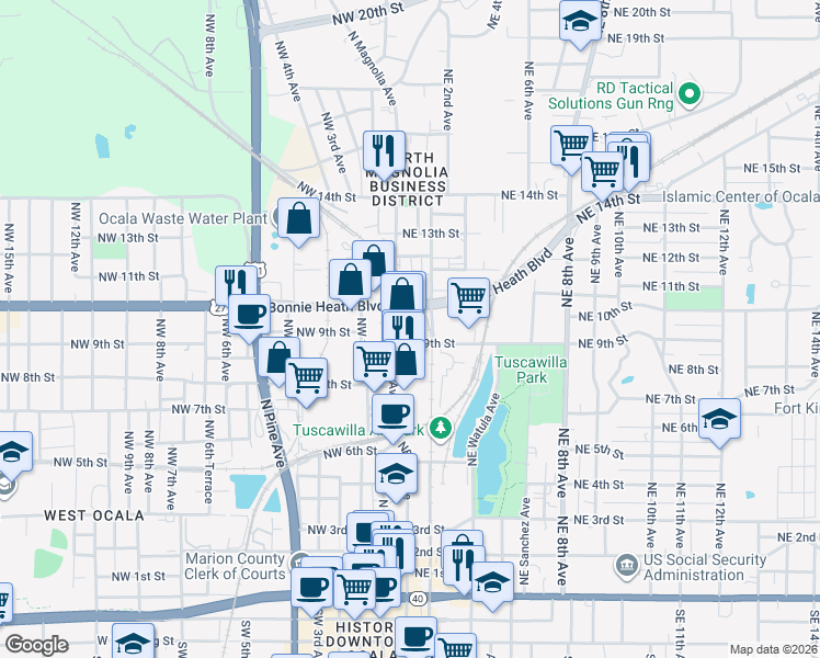 map of restaurants, bars, coffee shops, grocery stores, and more near 109 NE 9th St in Ocala