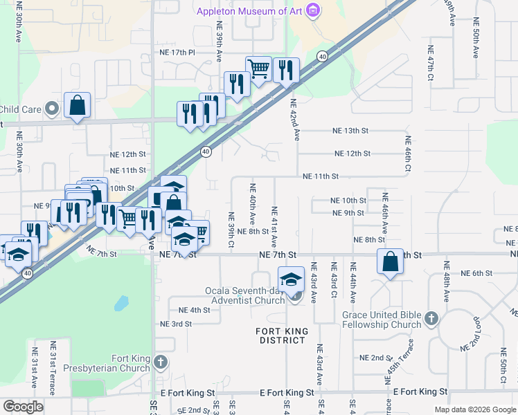 map of restaurants, bars, coffee shops, grocery stores, and more near 904 Northeast 41st Avenue in Ocala