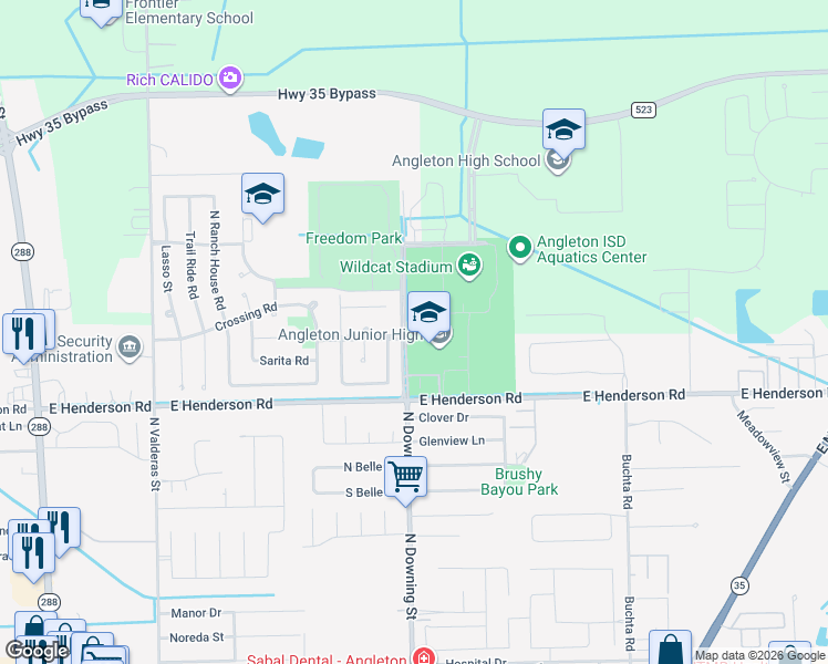 map of restaurants, bars, coffee shops, grocery stores, and more near 3000 North Downing Street in Angleton
