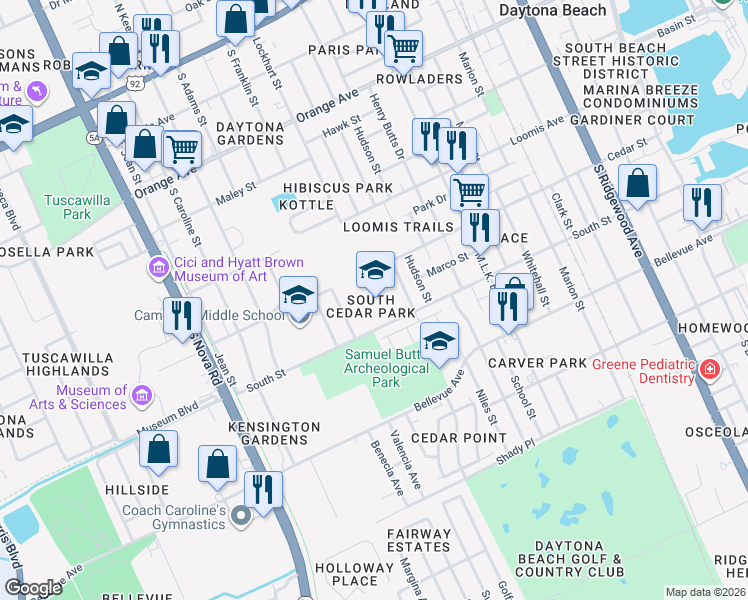 map of restaurants, bars, coffee shops, grocery stores, and more near 800 South Street in Daytona Beach