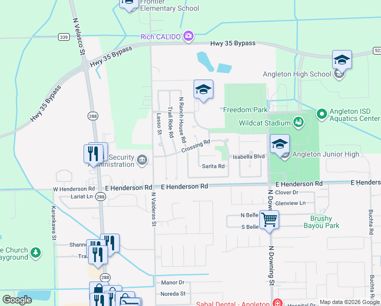 map of restaurants, bars, coffee shops, grocery stores, and more near 8 Sarita Road in Angleton