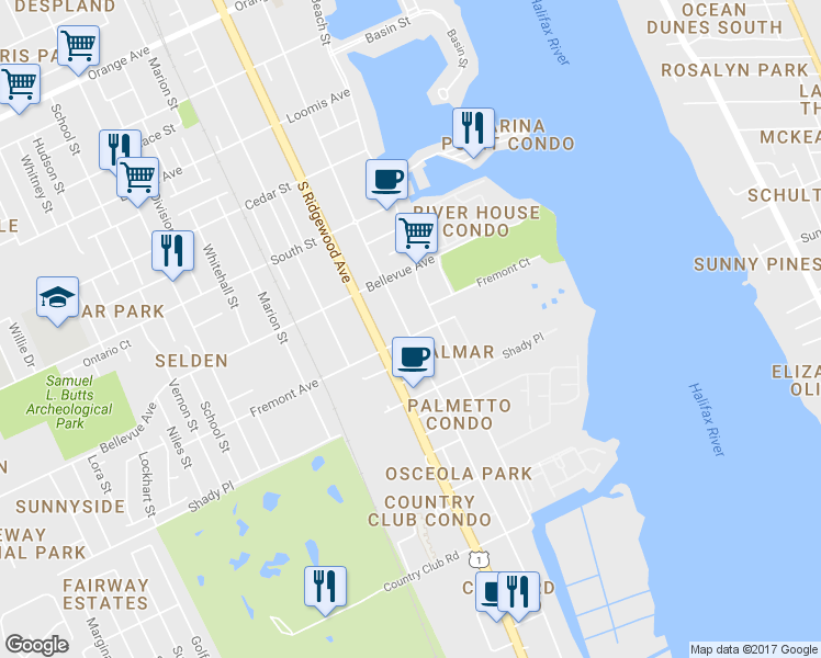map of restaurants, bars, coffee shops, grocery stores, and more near 116 Fremont Avenue in Daytona Beach