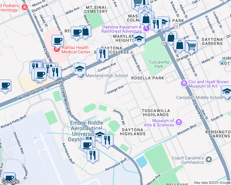 map of restaurants, bars, coffee shops, grocery stores, and more near 1153 Orange Avenue in Daytona Beach
