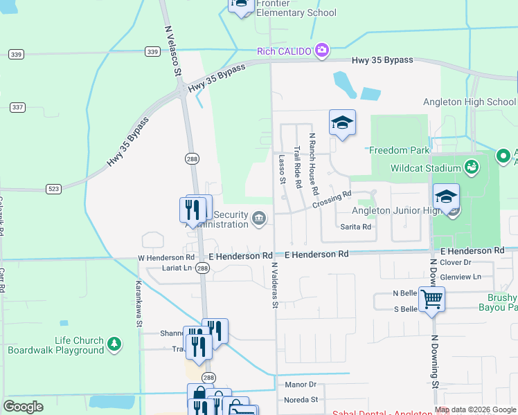 map of restaurants, bars, coffee shops, grocery stores, and more near 2921 Airline Road in Angleton