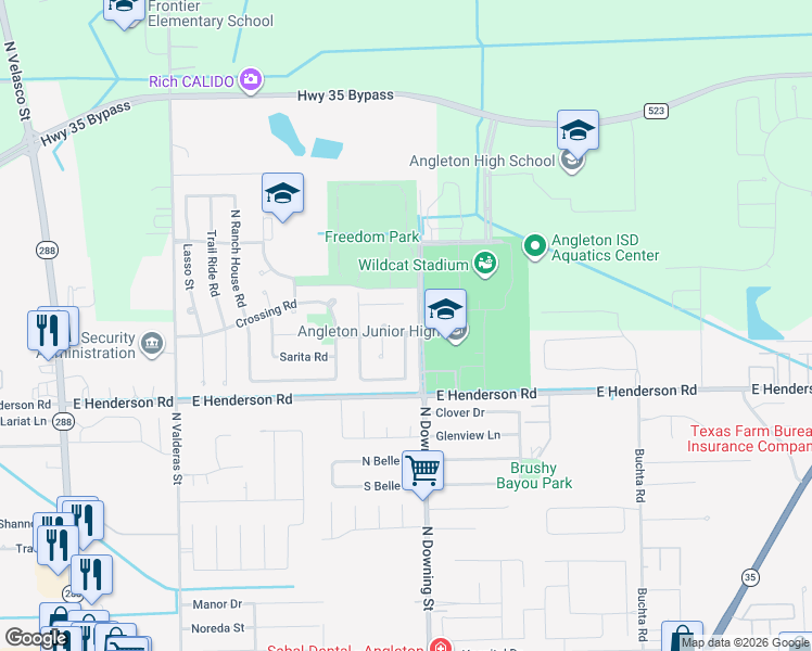 map of restaurants, bars, coffee shops, grocery stores, and more near 3000 North Downing Street in Angleton