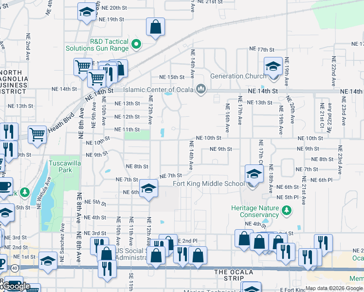 map of restaurants, bars, coffee shops, grocery stores, and more near 912 Northeast 14th Avenue in Ocala