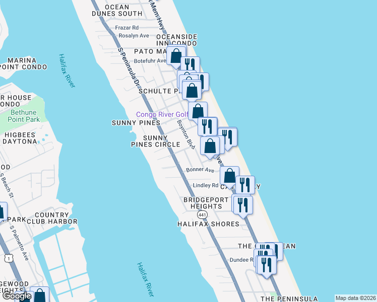 map of restaurants, bars, coffee shops, grocery stores, and more near 105 Claire Terrace in Daytona Beach