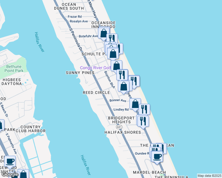 map of restaurants, bars, coffee shops, grocery stores, and more near 105 Claire Terrace in Daytona Beach