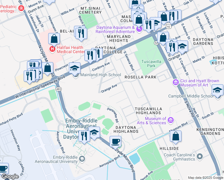 map of restaurants, bars, coffee shops, grocery stores, and more near 1124 Florida Avenue in Daytona Beach