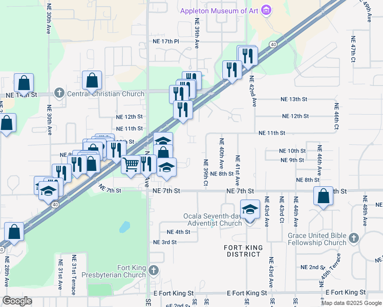 map of restaurants, bars, coffee shops, grocery stores, and more near 3748 Northeast 8th Place in Ocala