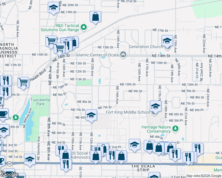map of restaurants, bars, coffee shops, grocery stores, and more near 912 Northeast 14th Avenue in Ocala
