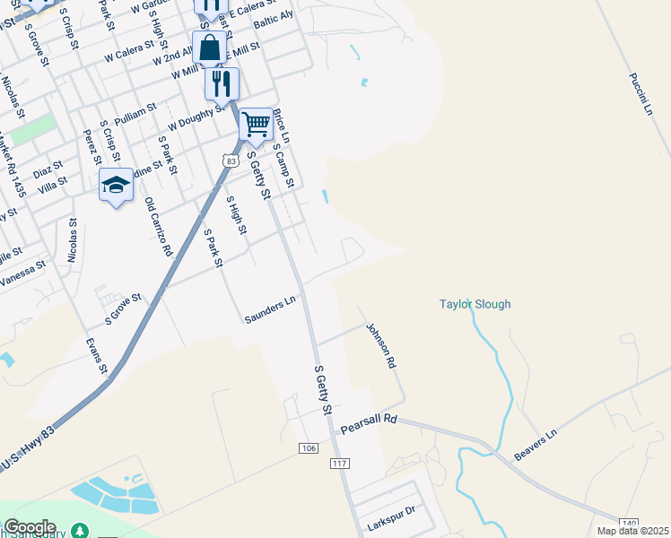 map of restaurants, bars, coffee shops, grocery stores, and more near 834 South Getty Street in Uvalde