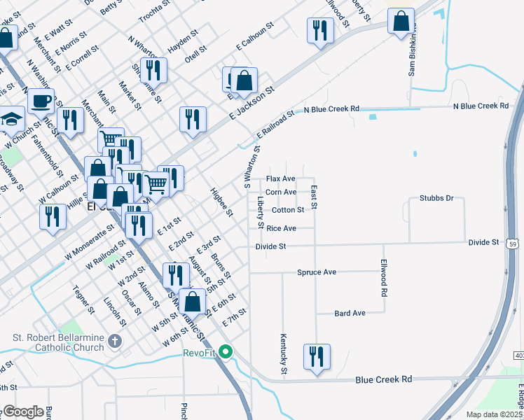 map of restaurants, bars, coffee shops, grocery stores, and more near 407 South Wharton Street in El Campo