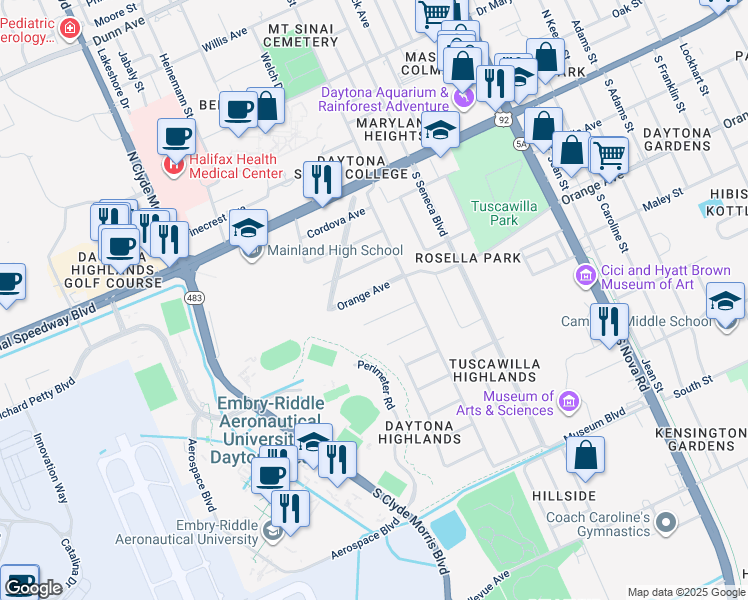 map of restaurants, bars, coffee shops, grocery stores, and more near 1124 Florida Avenue in Daytona Beach