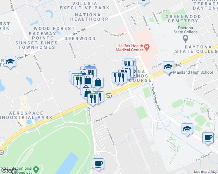 map of restaurants, bars, coffee shops, grocery stores, and more near 1610 West International Speedway Boulevard in Daytona Beach