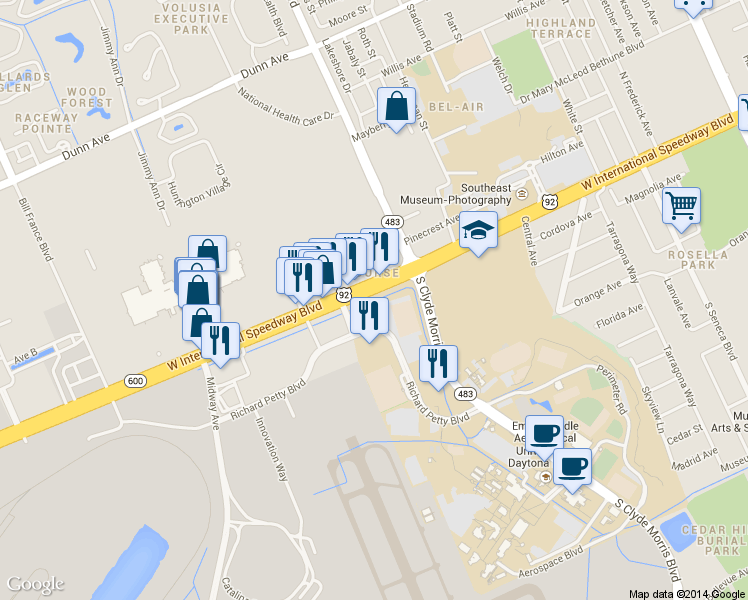 map of restaurants, bars, coffee shops, grocery stores, and more near 1612 Richard Petty Blvd in Daytona Beach