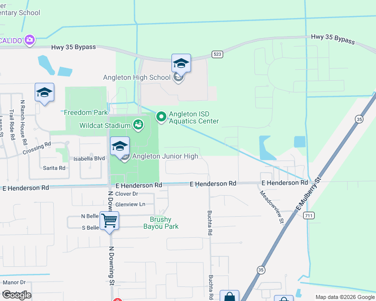 map of restaurants, bars, coffee shops, grocery stores, and more near 1453 South Blue Bonnet Lane in Angleton