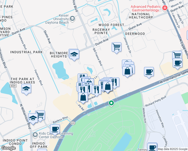 map of restaurants, bars, coffee shops, grocery stores, and more near 1820 Legends Lane in Daytona Beach