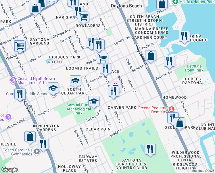 map of restaurants, bars, coffee shops, grocery stores, and more near 727 School Street in Daytona Beach