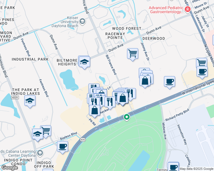 map of restaurants, bars, coffee shops, grocery stores, and more near 1820 Legends Lane in Daytona Beach