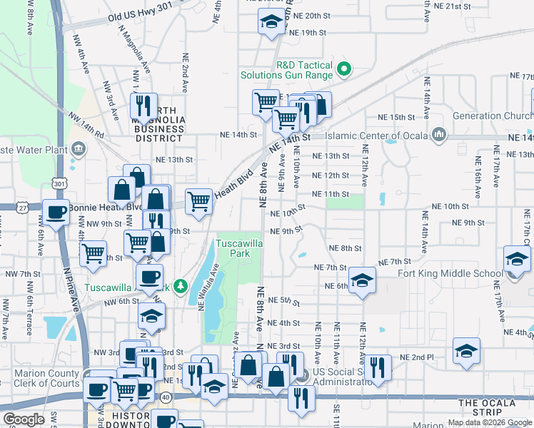 map of restaurants, bars, coffee shops, grocery stores, and more near 911 Northeast 8th Avenue in Ocala