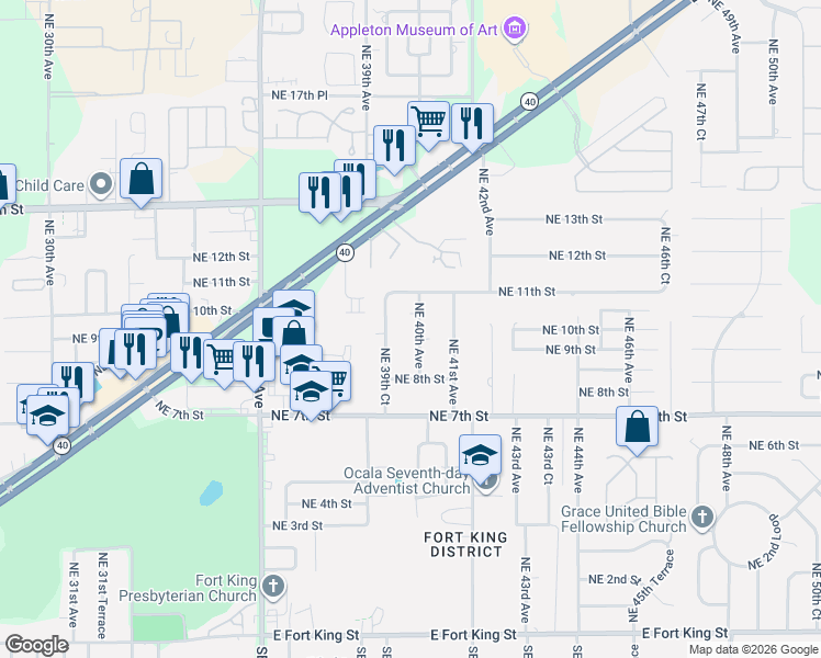 map of restaurants, bars, coffee shops, grocery stores, and more near 901 Northeast 39th Court in Ocala