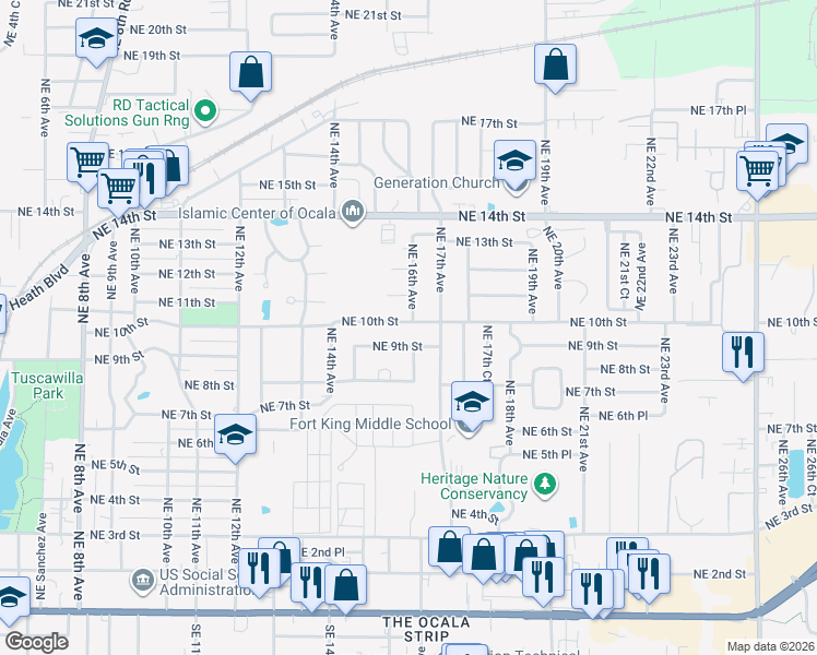 map of restaurants, bars, coffee shops, grocery stores, and more near 1528 Northeast 11th Street in Ocala