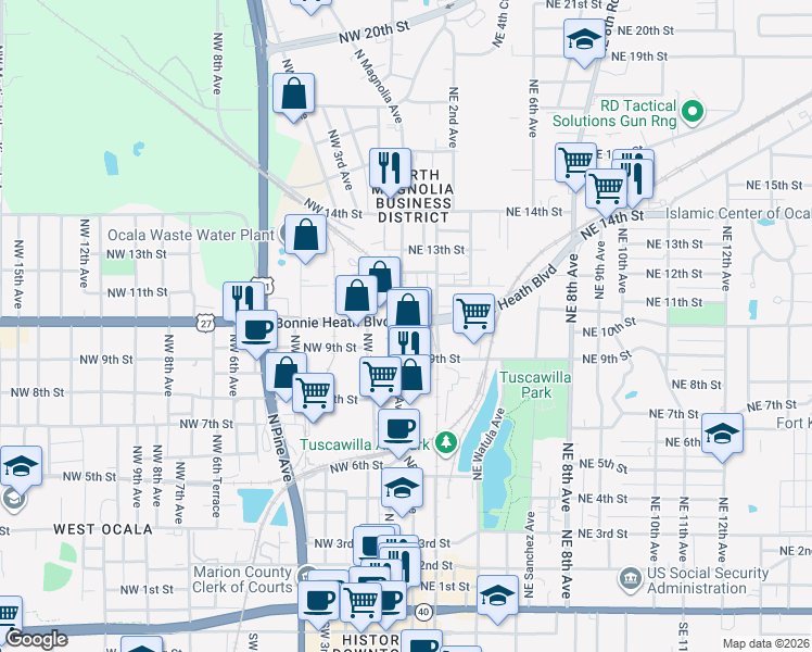 map of restaurants, bars, coffee shops, grocery stores, and more near 33 Bonnie Heath Boulevard in Ocala