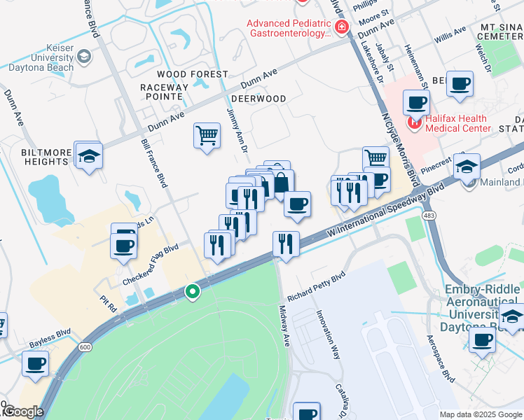 map of restaurants, bars, coffee shops, grocery stores, and more near 1700 West International Speedway Boulevard in Daytona Beach